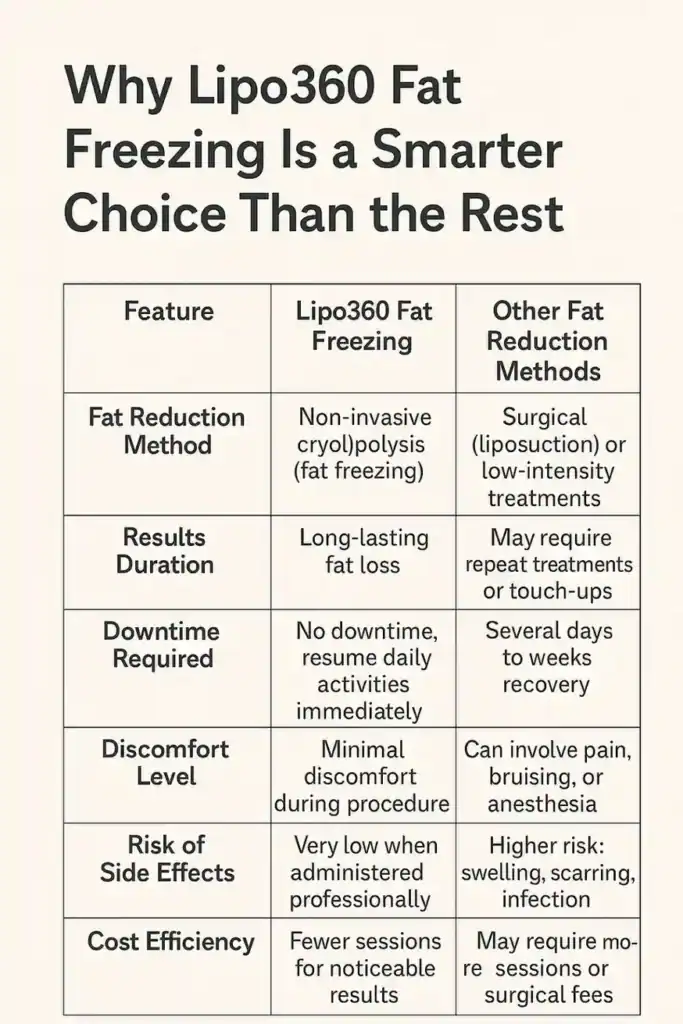 Is it possible to permanently freeze fat cells? 2 Table showing benefits of fat freezing to remove fat cells East Sussex from Lipo 360